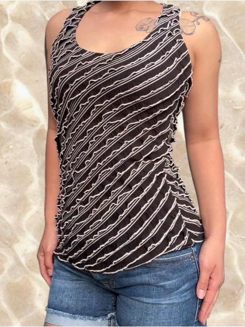 Y2K 2000s Going Out Top Striped Black & White Ruffles Racerback Tank Top
